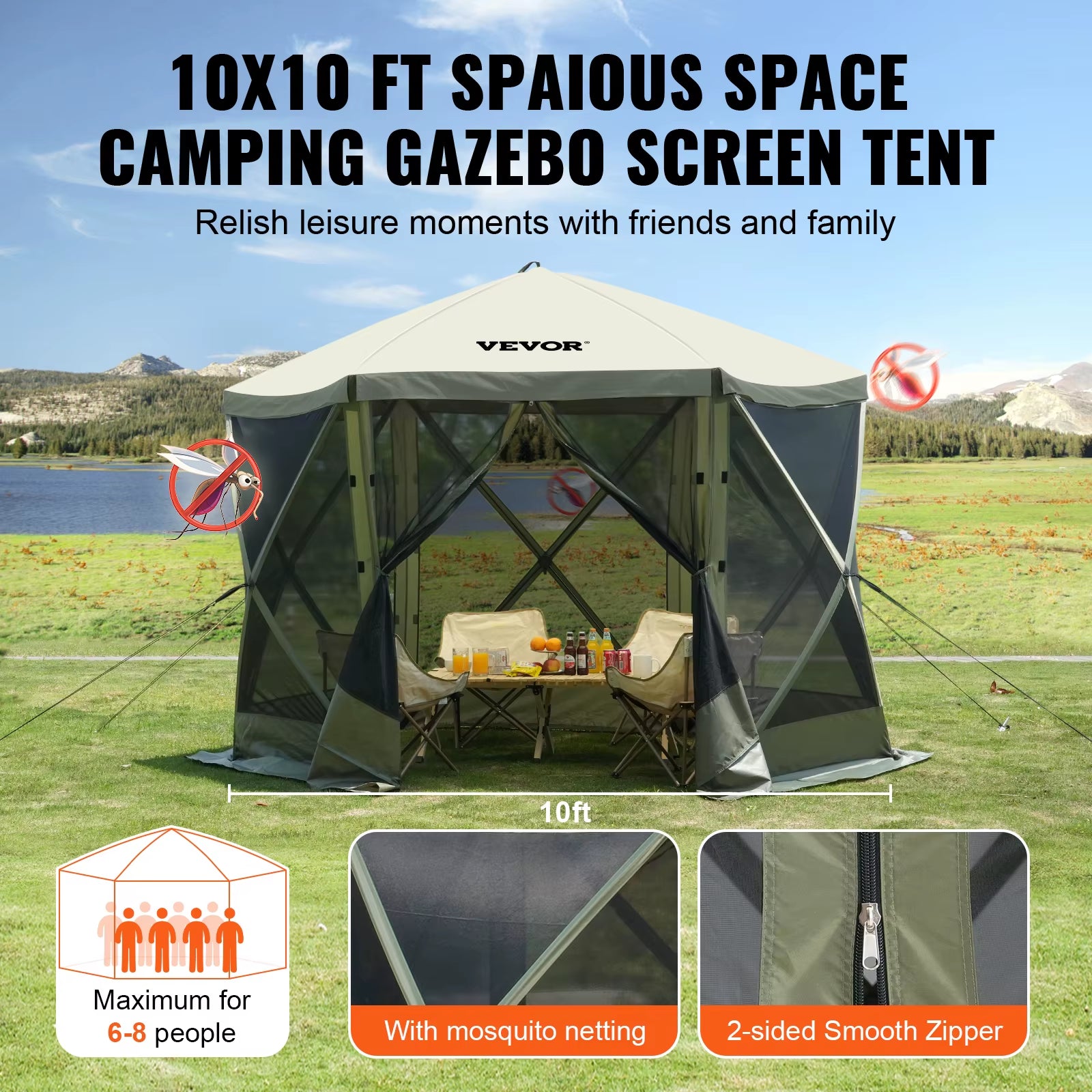 VEVOR Pop up Gazebo Tent, Pop-Up Screen Tent 6 Sided Canopy Sun Shelter with 6 Removable Privacy Wind Cloths & Mesh Windows
