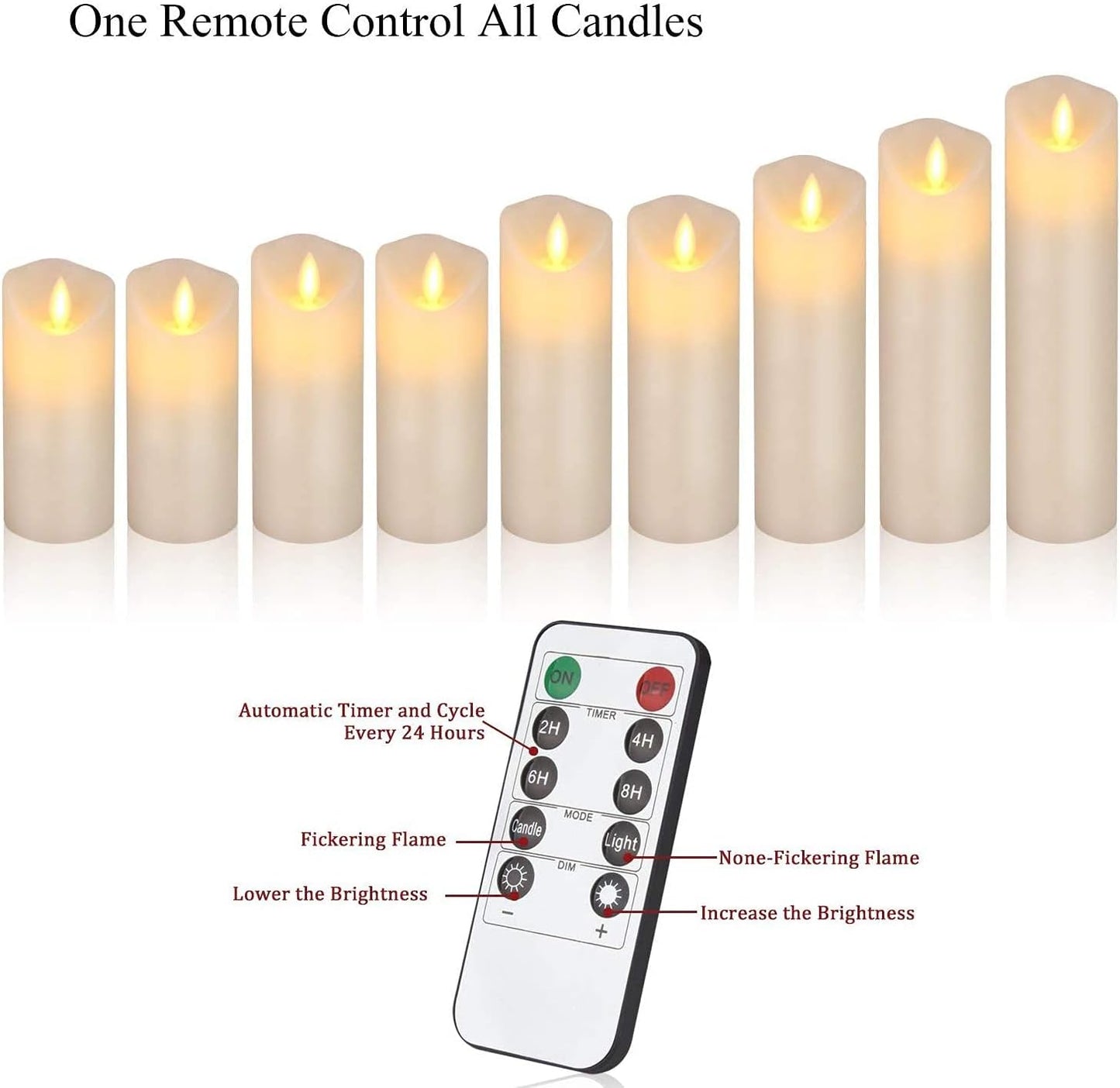Flameless Candles Set of 9 Ivory Dripless Real Wax Pillars Include Realistic Dancing LED Flames and 10-Key Remote Control with 24-Hour Timer Function 400+ Hours by 2 AA Batteries
