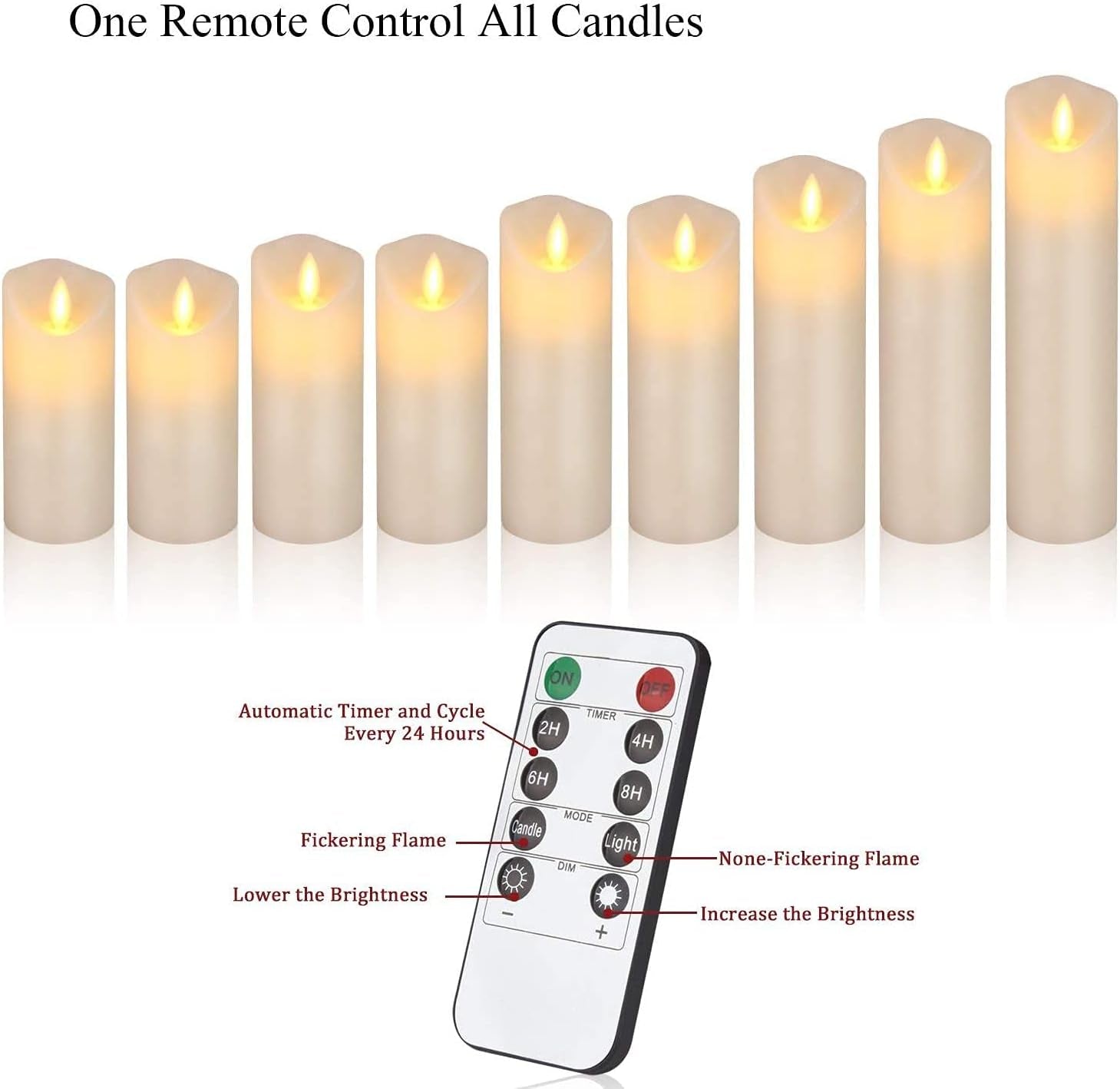 Flameless Candles Set of 9 Ivory Dripless Real Wax Pillars Include Realistic Dancing LED Flames and 10-Key Remote Control with 24-Hour Timer Function 400+ Hours by 2 AA Batteries