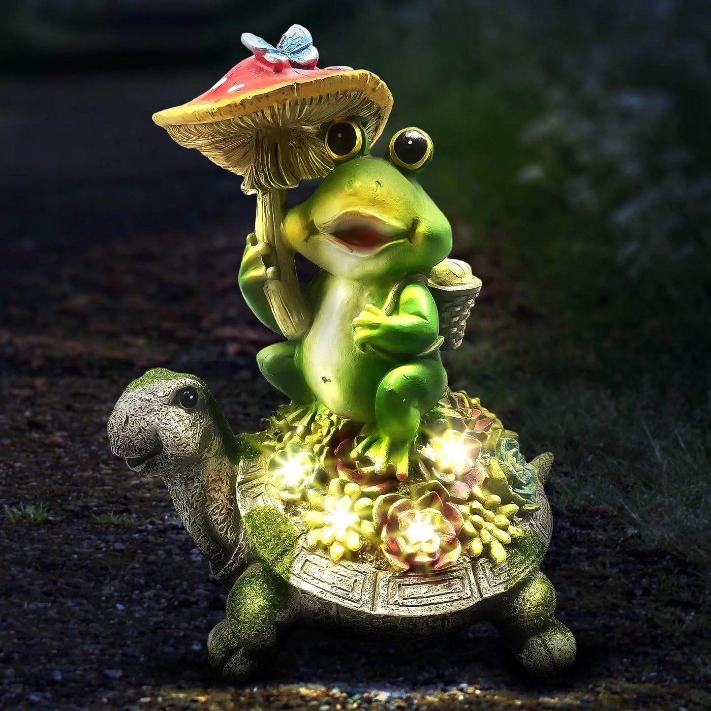 Solar Garden Statues Outdoor Decor, Turtle and Frog Holding Mushroom Garden Decor for Patio, Balcony, Yard, Lawn