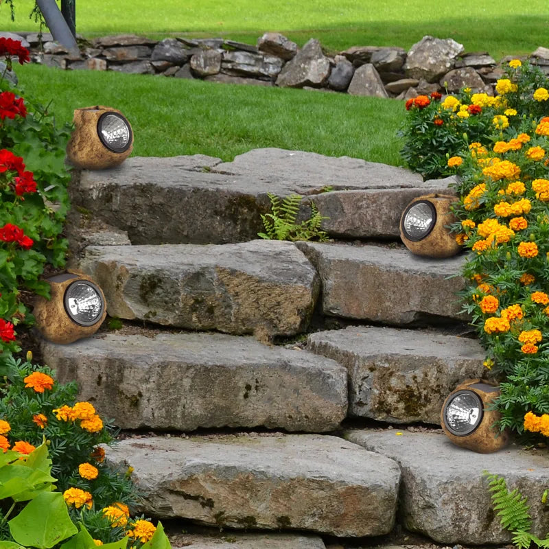 Solar Outdoor Lights - 4-Pack of All-Weather Faux-Stone LED Rock Lights for Paths, Gardens, and Landscaping (Brown)