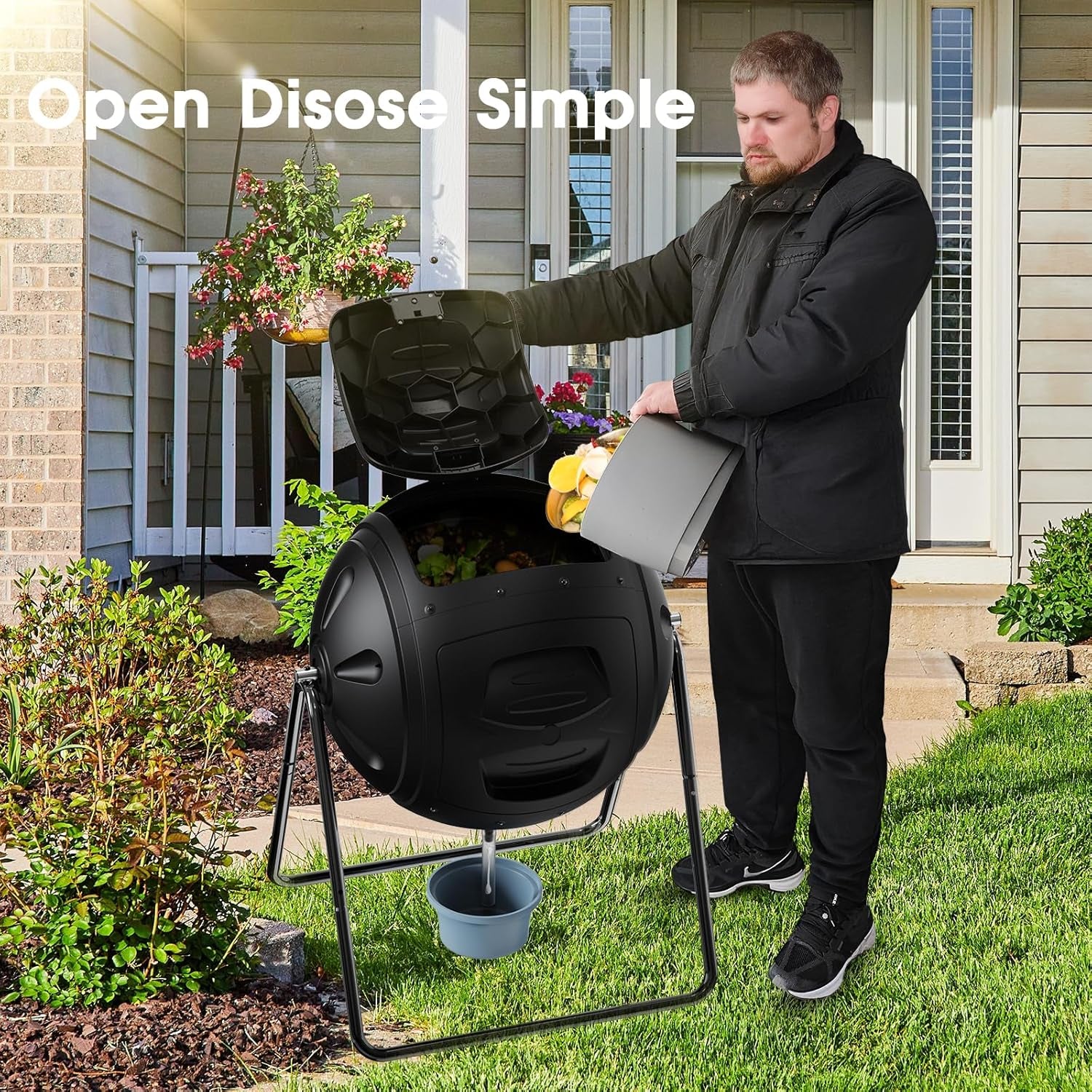 Compost Tumbler, 35 Gallon Multipurpose Compost Bin, Heavy Duty Quick Work with Easy-To-Use Drain Plug for Liquid Collection, Black