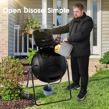 Compost Tumbler, 35 Gallon Multipurpose Compost Bin, Heavy Duty Quick Work with Easy-To-Use Drain Plug for Liquid Collection, Black