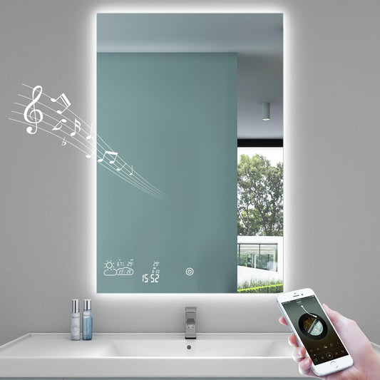 Vanity Bathroom Mirror 24”X 36”, Makeup Smart Mirror with Bluetooth Wifi Enabled Weather Display, Anti-Fog, Backlit Frameless 2 Colors, Memory Function Touch Sensor - Vertically Hangs