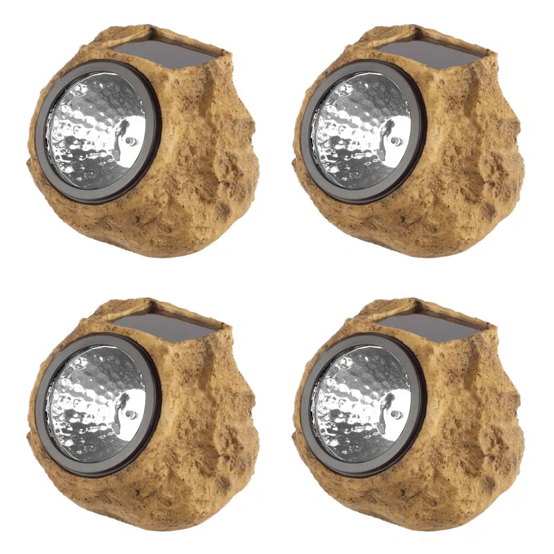 Solar Outdoor Lights - 4-Pack of All-Weather Faux-Stone LED Rock Lights for Paths, Gardens, and Landscaping (Brown)