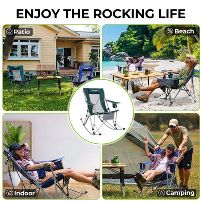 2 Pack Camping Rocking Chair Patio Swing Lounge Folding Chair with Headrest for Adult Green