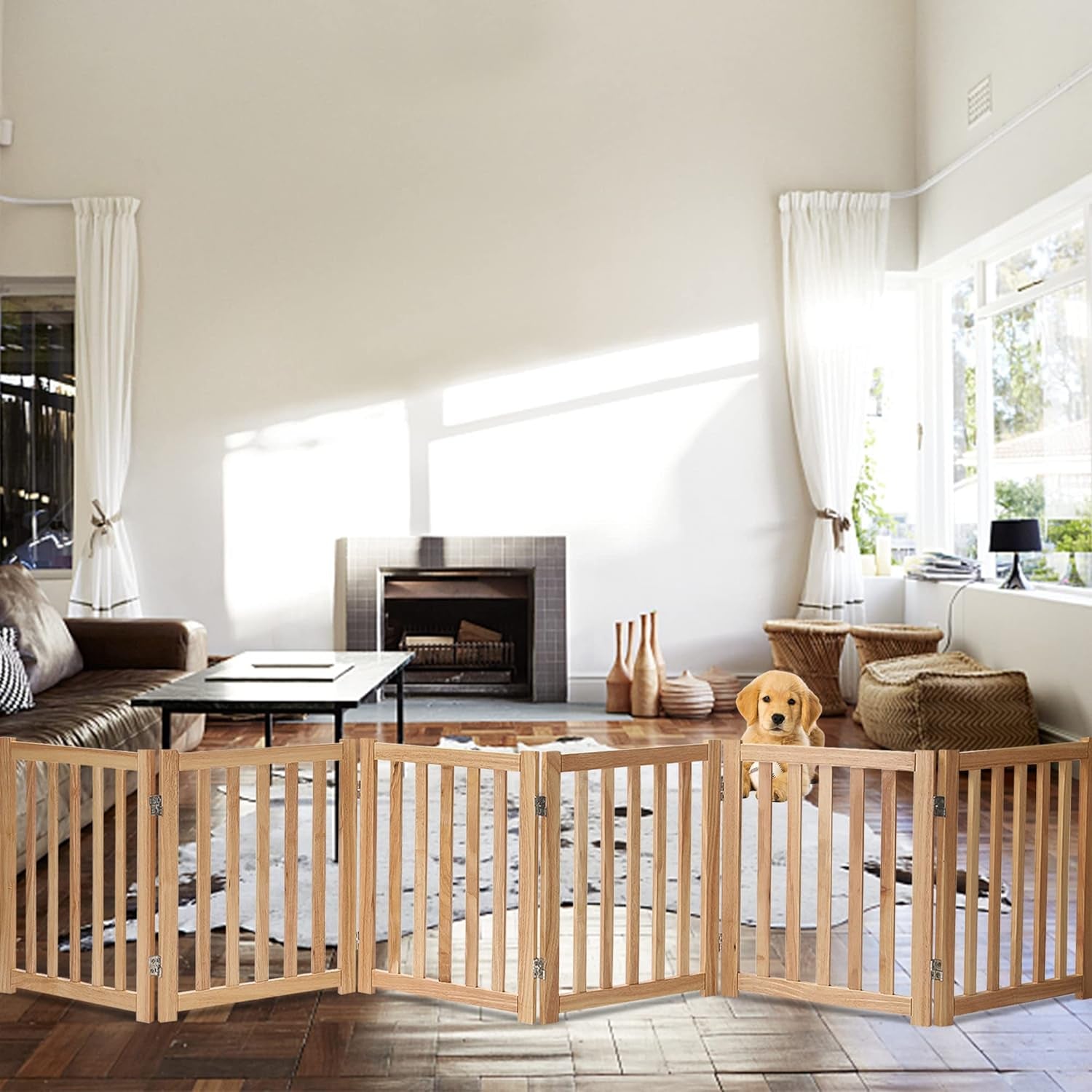 6-Panel Extra-Wide Freestanding Wooden Dog Gate – 24”High Foldable Safety Pet Barrier for Doorways, Hallways, Kitchens, and Long Staircases, Durable Design Fit Small to Medium Dogs, Natural