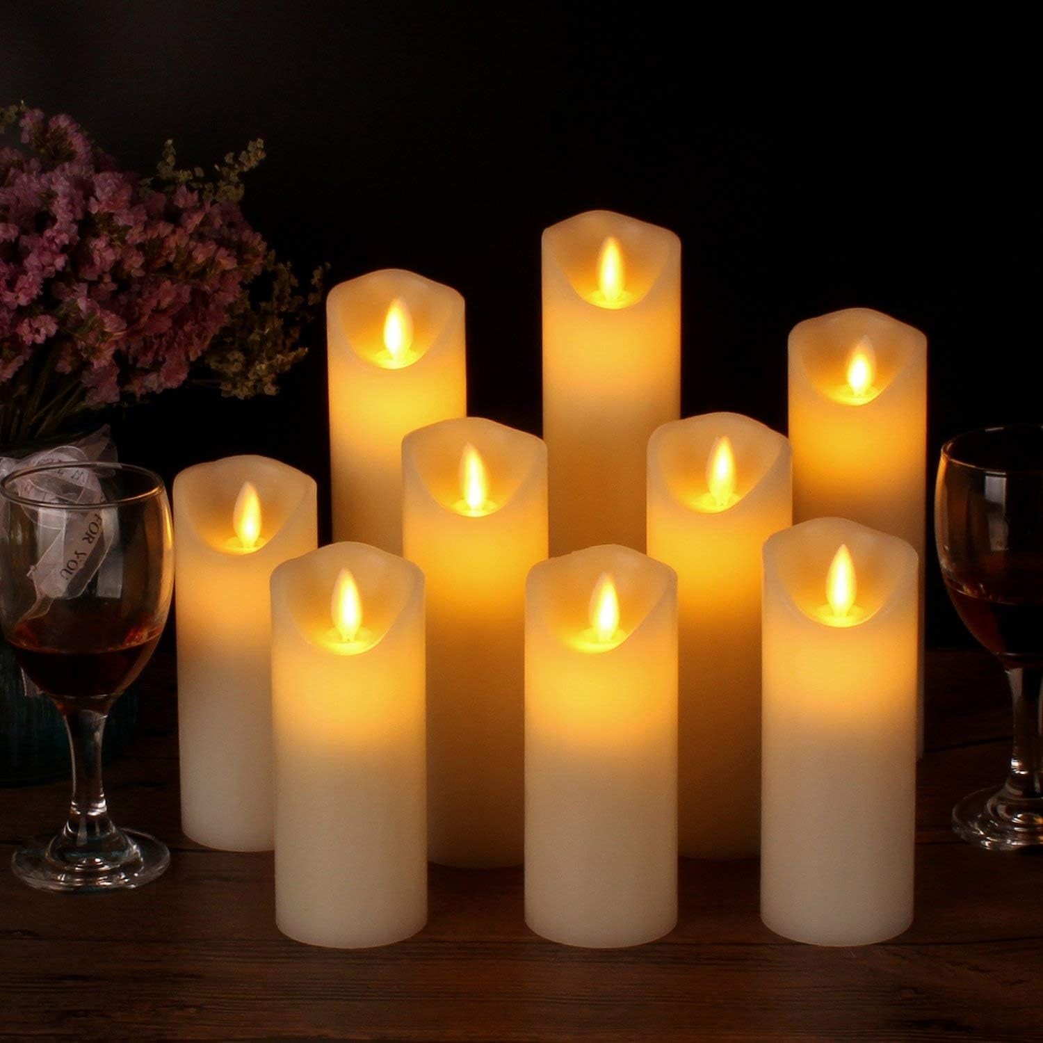 Flameless Candles Set of 9 Ivory Dripless Real Wax Pillars Include Realistic Dancing LED Flames and 10-Key Remote Control with 24-Hour Timer Function 400+ Hours by 2 AA Batteries