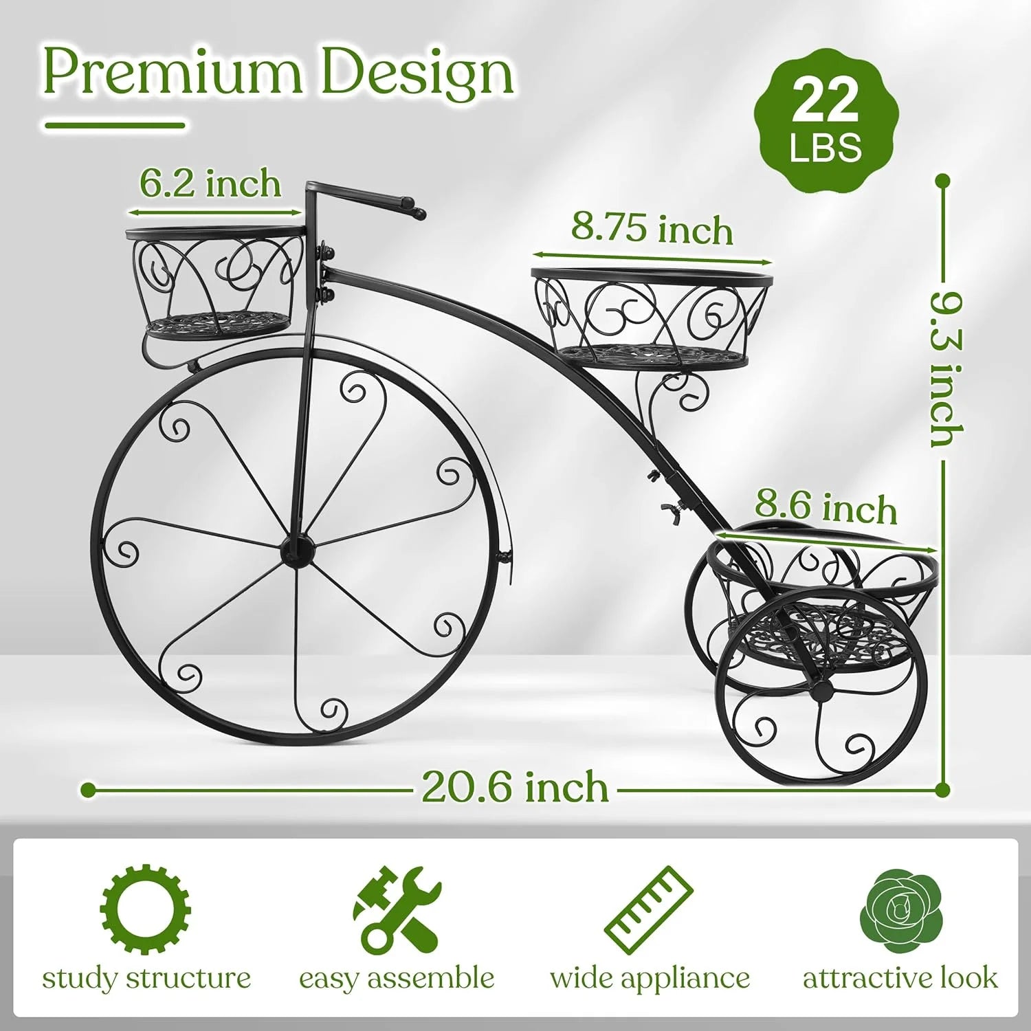 Tricycle Plant Stand: Parisian Style Flower Pot Cart Holder, Ideal Gift for Plant Lovers, Black