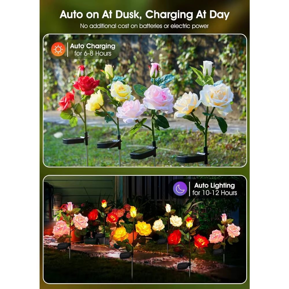 Outdoor Solar Garden Lights - 4 Pack LED Solar Flower Lights with Larger & More Realistic Rose, Bigger Solar Panel, Waterproof