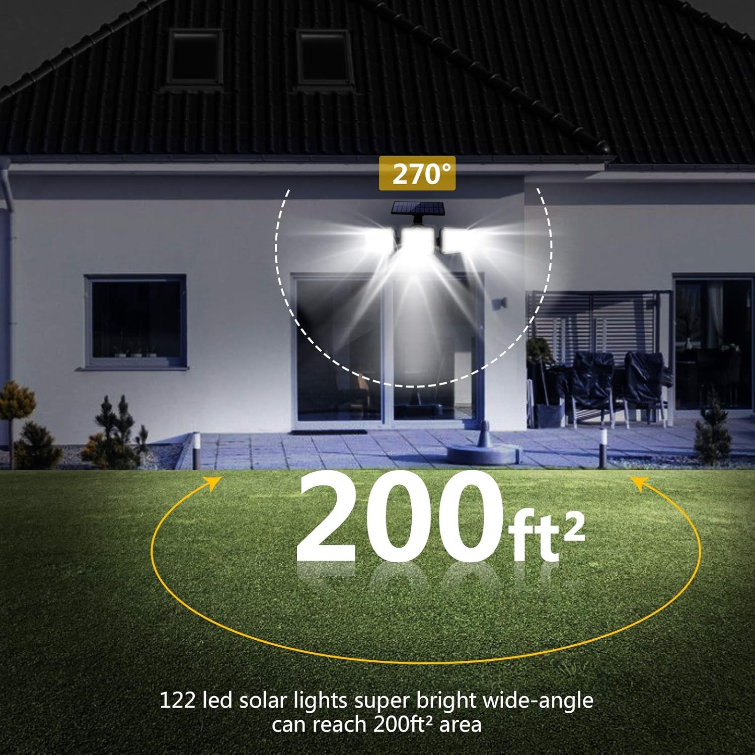 Solar Lights Outdoor Waterproof - Solar Motion Sensor Lights 270° Wide Angle: Solar Security Lights 3 Adjustable Heads LED Flood Lights Super Bright Solar Powered Wall Lights with Remote Control