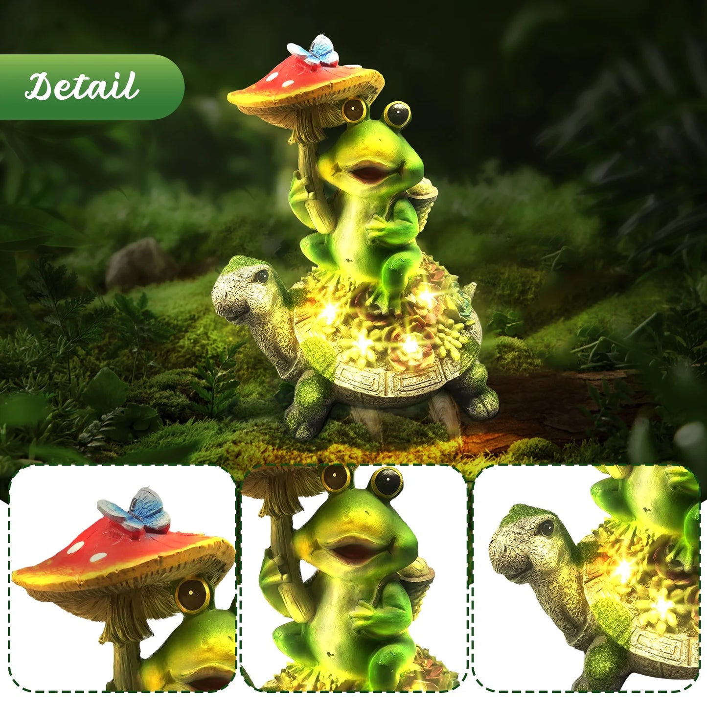 Solar Garden Statues Outdoor Decor, Turtle and Frog Holding Mushroom Garden Decor for Patio, Balcony, Yard, Lawn