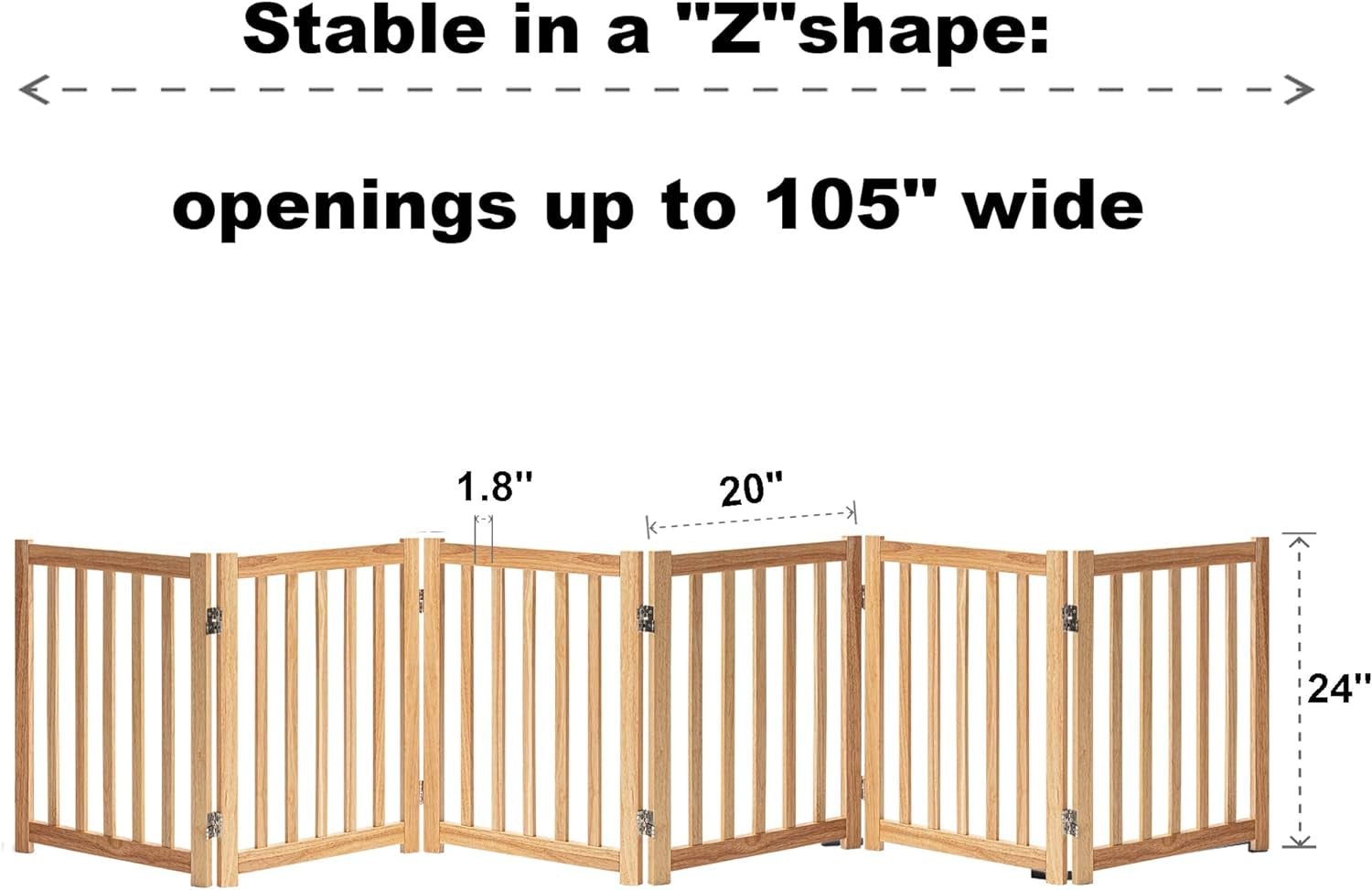 6-Panel Extra-Wide Freestanding Wooden Dog Gate – 24”High Foldable Safety Pet Barrier for Doorways, Hallways, Kitchens, and Long Staircases, Durable Design Fit Small to Medium Dogs, Natural