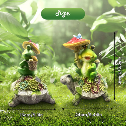 Solar Garden Statues Outdoor Decor, Turtle and Frog Holding Mushroom Garden Decor for Patio, Balcony, Yard, Lawn