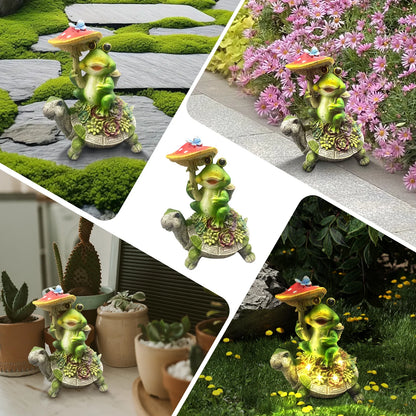 Solar Garden Statues Outdoor Decor, Turtle and Frog Holding Mushroom Garden Decor for Patio, Balcony, Yard, Lawn