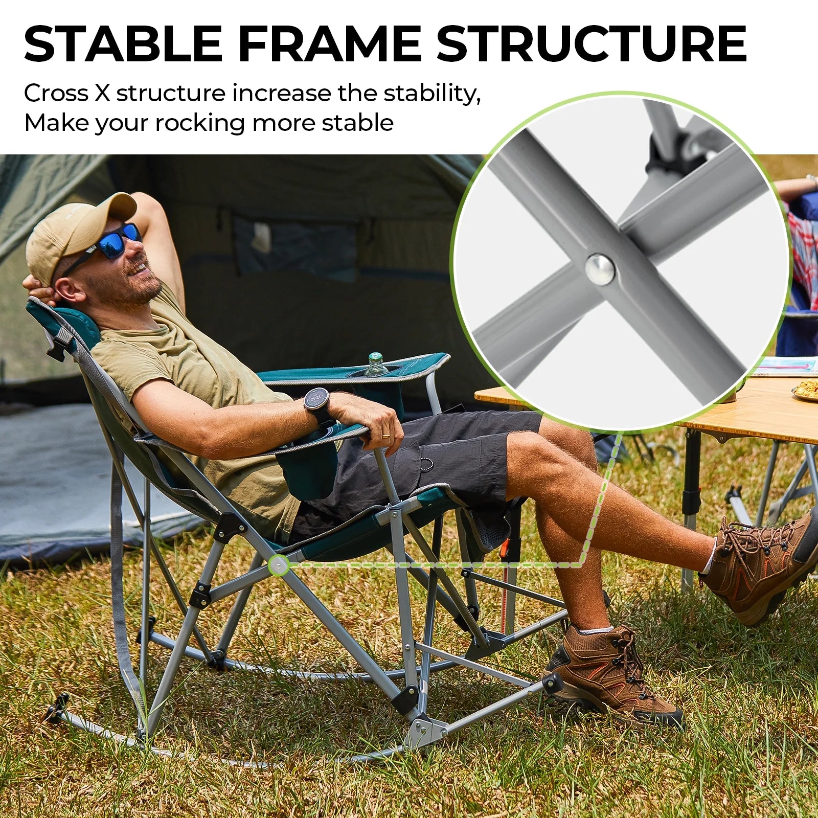 2 Pack Camping Rocking Chair Patio Swing Lounge Folding Chair with Headrest for Adult Green