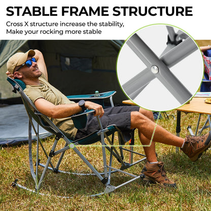 2 Pack Camping Rocking Chair Patio Swing Lounge Folding Chair with Headrest for Adult Green