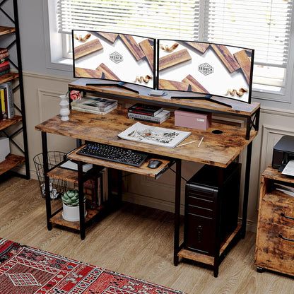 Computer Desk 47", Home Office Desk with Keyboard Tray, Monitor Stand, Storage Shelf, Industrial Studying Writing Table, Vintage Brown