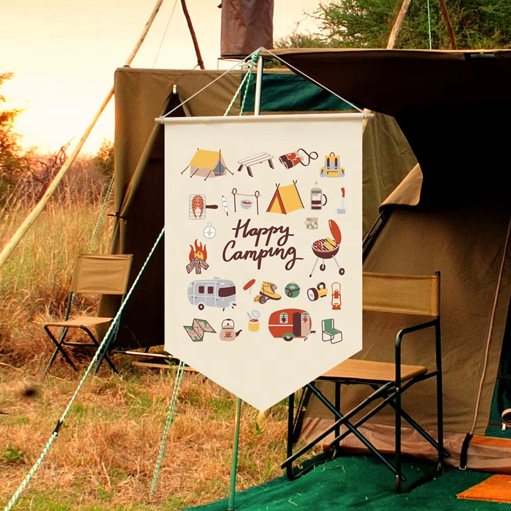 1PC Outdoor Camping Canvas Flag Campsite Camping Ambiance Hanging Fabric Triangle Hanging Flag Camping Decoration Props