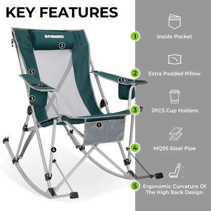2 Pack Camping Rocking Chair Patio Swing Lounge Folding Chair with Headrest for Adult Green