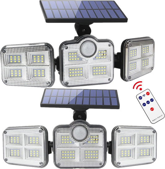 Solar Lights Outdoor Waterproof - Solar Motion Sensor Lights 270° Wide Angle: Solar Security Lights 3 Adjustable Heads LED Flood Lights Super Bright Solar Powered Wall Lights with Remote Control