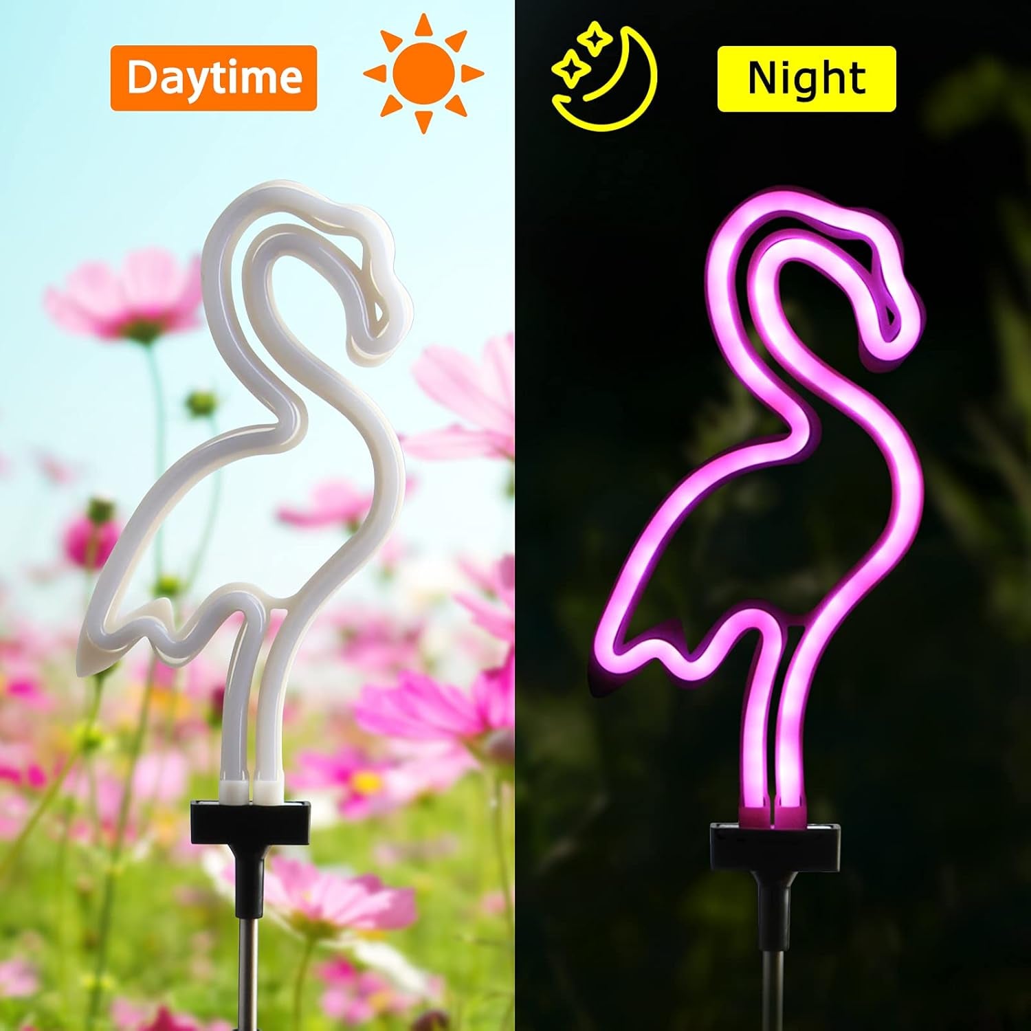 Solar Garden Lights, Outdoor Lights Flamingo Neon Lights, Waterproof Outdoor Lights for Garden Patio Yard Pathway Decoration (2PACK)
